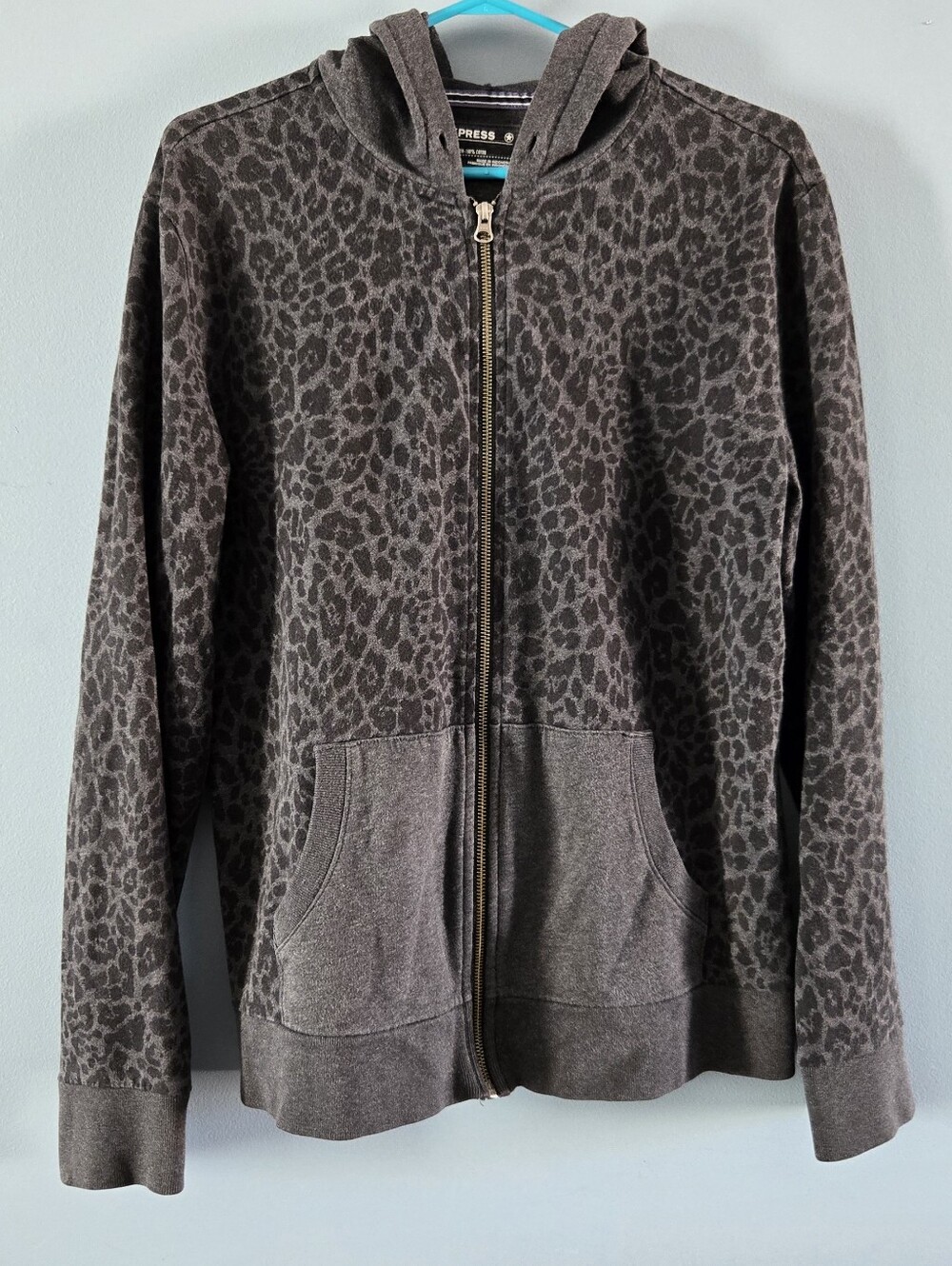 Gray with Black Leopard Print Zip-Up Hoodie (Lg)